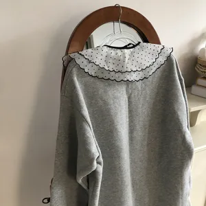 Grey sweatshirt with sheer polka dot ruffle collar, versatile cute doll collar for stylish daily wear.