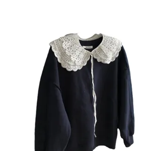 Dark blue sweatshirt featuring an elegant white lace embroidered big collar and ribbon ties.