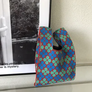 Modische Damen Stricktasche mit Blumenmuster lässige Handtasche Schultertasche neu