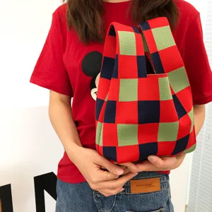 Modische bunte karierte Stricktasche, lässige Umhängetasche für Damen Alltagstasche