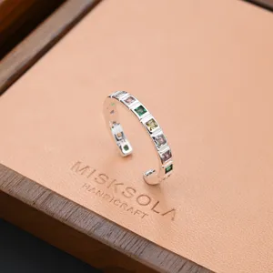 Silver colored square gemstone open ring, delicate minimalist fashion jewelry accessory for women.