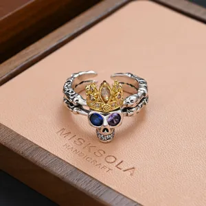 Vintage punk skull crown ring with multi-color stones, gothic adjustable open finger ring.