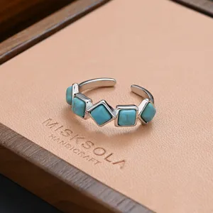 Synthetic turquoise open ring vintage silver color geometric style finger jewelry accessory