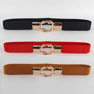 Damen Elastischer Schmaler Gürtel Mode Doppel Ineinandergreifende Gold Ring Schnalle Korsett Stretch Gürtel Kunstleder Taillengürtel Für Kleider Hosen