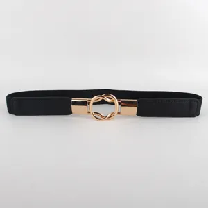 Schwarzer elastischer Damengürtel mit goldener Schnalle für Kleider Hosen Accessoire
