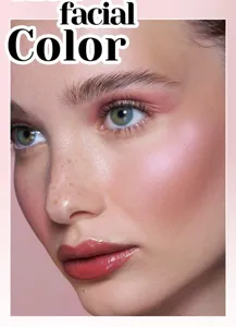 Makeup set detail showing delicate facial blushes, eyeshadows and glossy lip makeup.