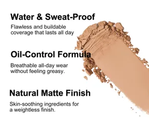 Detailed view of waterproof oil-control pressed powder swatch showing natural matte finish.