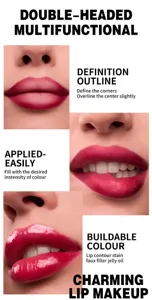 Détail d'huile de brillant à lèvres multifonctionnel à double embout avec effet de maquillage.