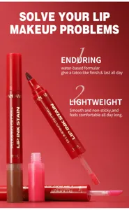 Vue détaillée du gloss à lèvres double embout et encre à lèvres rouge vibrante et fini lisse.
