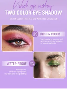 Two color eyeshadow palette detail graphic with rich color, fine texture and waterproof formula.