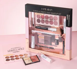 Detailed view of the 11-piece makeup kit, including eyeshadow, lipstick, and brushes.