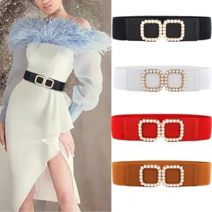 Damen Elegant Breit Elastischer Gürtel Perlenbesetzt Quadratische Schnalle Wespentaille Kunstleder Stretch Gürtel Für Kleid Mantel
