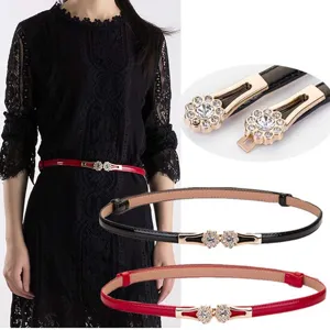 Women thin waist belt rhinestone flower buckle elegant dress belt black red adjustable new