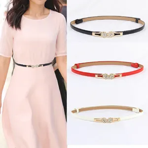 Women thin dress belt rhinestone metal buckle black red white versatile waist strap casual.