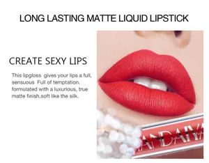 Matte liquid lipstick detail close-up, showing smooth velvet texture and red color.