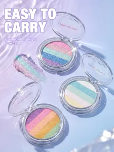 Rainbow highlighter powder palette with five shimmering shades, portable and easy to carry makeup.
