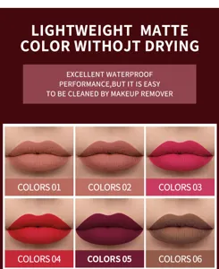 Rouge à lèvres liquide mat formule imperméable, fini velouté longue tenue, 6 teintes disponibles.