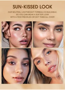 Detailed view of natural waterproof freckle pen makeup effect showing soft dots on diverse faces.