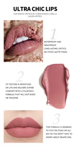 Détail de texture de rouge à lèvres liquide mat et swatch pour une formule longue tenue et étanche.