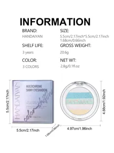 Multichrome shiny eyeshadow palette detail view, showing product dimensions and net weight specs.