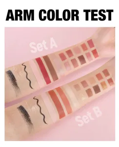 Makeup set arm color test detail image showing various vibrant shades of eyeshadow and lipstick.