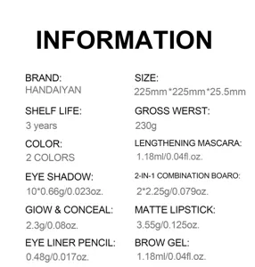 HANDAIYAN 11-piece makeup gift set specification chart with detailed dimensions and weights.