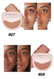 Detail view of Handaiyan face powder compact showing silky texture swatch and skin shade test.