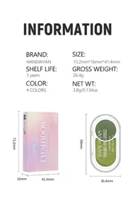 Detail view of HANDAIYAN two-tone eyeshadow palette showing dimensions and product specs.