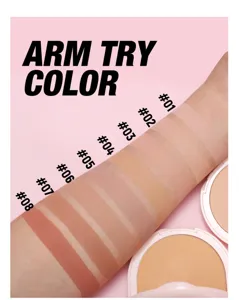 8-color makeup setting powder compact arm swatch detail image showing various foundation shades clearly.
