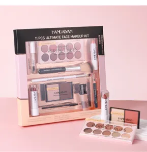 Detailed view of the 11-piece makeup kit featuring eyeshadow, lipstick, and brushes.