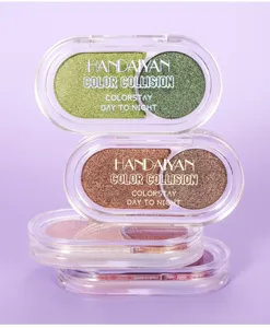 Detail shot of dual-color eyeshadow palette, transparent case, metallic shimmer texture.