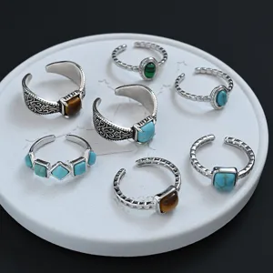 Vintage Ethnic Silver Plated Copper Open Ring For Women Geometric Artificial Turquoise Malachite Tiger Eye Adjustable Finger Ring Jewelry