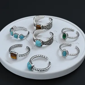 Vintage stone open rings set with turquoise and tiger eye for women stackable jewelry