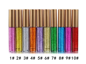 10-color glitter liquid eyeliner set with metallic gold caps for stage and party makeup.