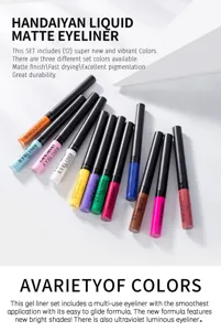Detailed view of the colorful liquid eyeliner set showing vibrant shades and smooth fine tips.