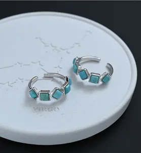 Vintage ethnic style turquoise open ring for women, unique square stone finger jewelry.