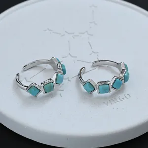 Retro turquoise open rings for women, silver plated square stone geometric finger ring jewelry.
