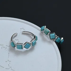 Vintage turquoise adjustable open ring for women, chic square stone finger jewelry