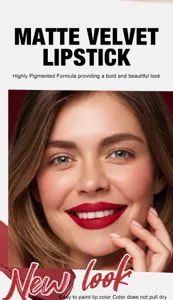 Matte velvet lipstick detail shot showing smooth and rich red lip color makeup effect.