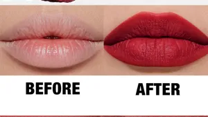 Matte lipstick makeup detail shot showing lip color comparison and smooth matte texture effect.