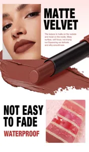 Waterproof matte velvet lipstick with smooth silky texture and long-lasting non-fading daily wear.