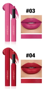 Matte lipstick color swatch and realistic lip makeup detail view for shade numbers 03 and 04.