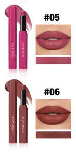 Matte lipstick detail view showing shade 05 and shade 06 with lip swatch and tube design.