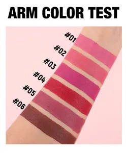 Matte lipstick arm swatch detail photo showcasing six distinct vibrant shades clearly.