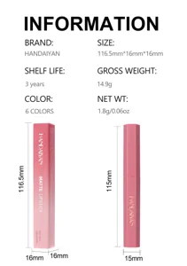 HANDAIYAN matte lipstick detail spec chart showing dimensions, net weight, shelf life and colors.