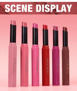 Close-up scene display of six vibrant matte slim lipsticks in assorted fashion shades.