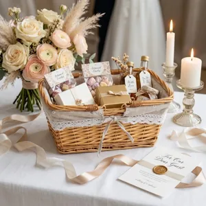 Handgefertigter Weidenkorb Geschenkkorb mit Leinen und Spitze für Hochzeit und Deko.