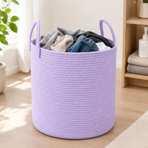 Nordic purple cotton rope laundry basket with handles, woven storage hamper for clothes and toys.