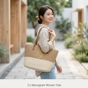 Handmade cotton woven shoulder tote bag featuring CJ monogram detail in an outdoor scene.