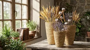 Handgeflochtener Stroh Blumenkorb Set, rustikale Trockenblumen Deko für das Wohnzimmer.